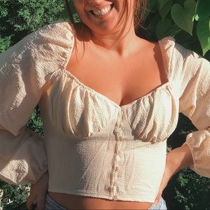 Pale yellow, long and puff sleeve blouse